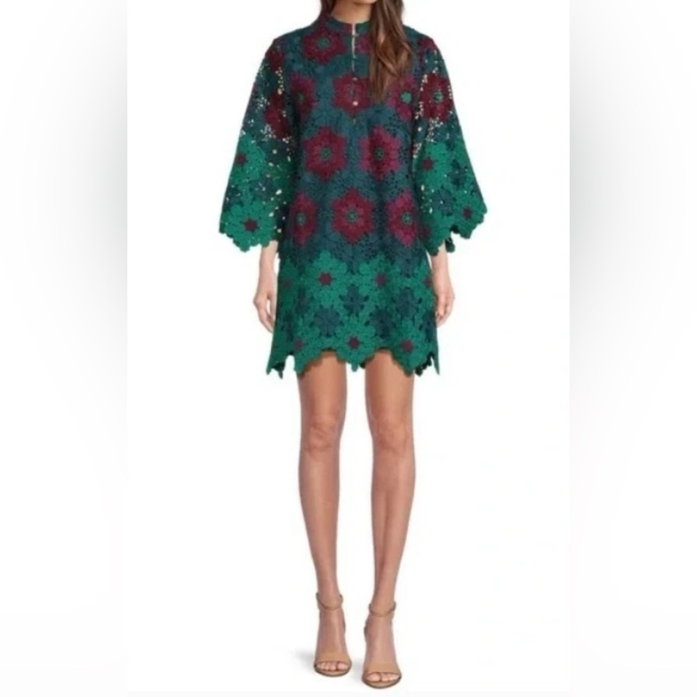 J. Marie Asher XS Floral Lace 3/4 Sleeve Kaftan Short Dress Wine/Blue/Green NWT - Picture 3 of 16